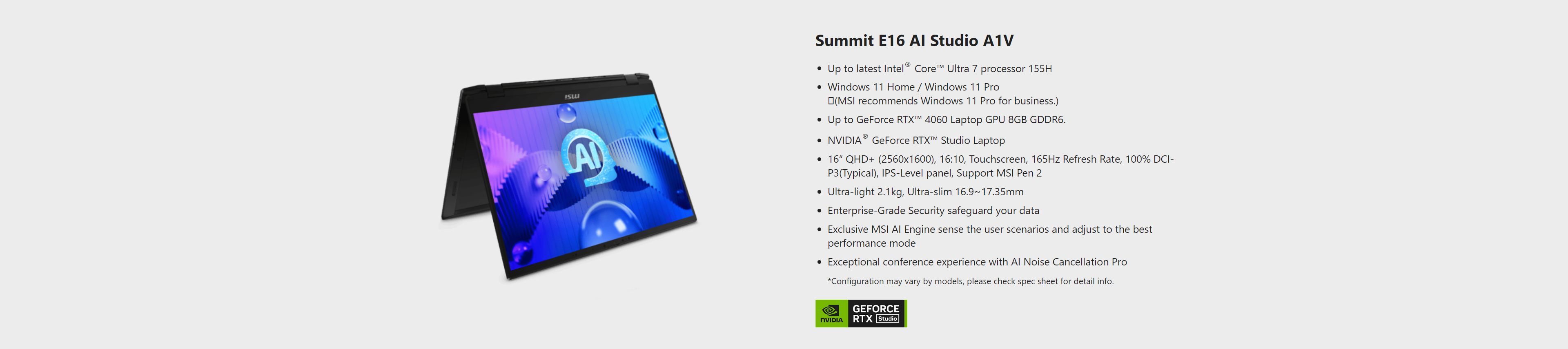 A large marketing image providing additional information about the product MSI Summit E16 AI Studio (A1V) - 16" 165Hz, Core Ultra 7, RTX 4050, 16GB/2TB - Win 11 Notebook - Additional alt info not provided